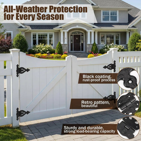 Vintage Antique Cast Iron T Hinges For Cabinet Doors 5 Point 3 Inch Heavy Duty Black Powder Coat Finish Rustic Hardware Eight Pack on a gate.