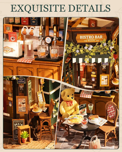 One Eighteen Scale Coffee Bar Dollhouse Kit With Led Lights Diorama Miniature House Building Kit For Adults Tipsy Restaurant Scene Diy Craft Gift For Him Or Her Cozy European Bistro Vibe showing detailed bistro scene.