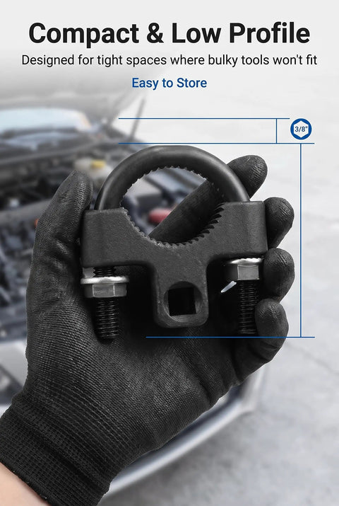 Heavy Duty Carbon Steel Inner Tie Rod Wrench With Low Profile 3/8 Inch Drive Fits 30 To 33 Millimeter Steering Ends held in hand.