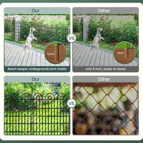 Comparison of 15 Panels Tall Garden Animal Barrier Fence With Gate and a generic fence, showing underground stability difference.