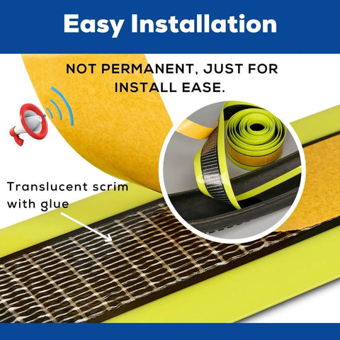 Close-up of self-adhesive tire liner installation details for 1.95 to 2.125 inch tires, showing translucent scrim with glue.