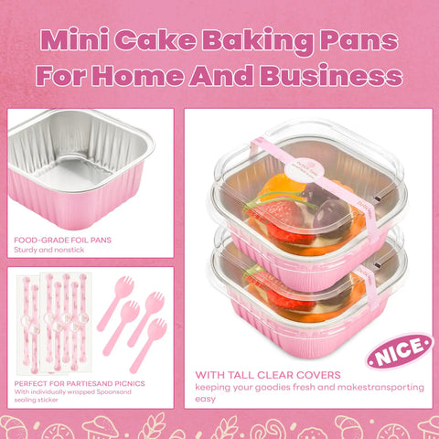 Heavy Duty Square Aluminum Foil Cake Pans 50 Pack Hot Pink 10oz with clear lids ideal for home and bakery use.
