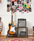 Vintage Brown Guitar Amp Stand With Double Rack For Acoustic Electric Bass And Ukulele Storage Holder, featuring guitars and amp.