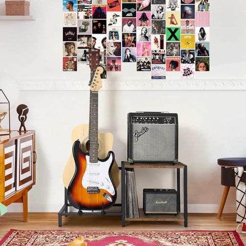 Vintage Brown Guitar Amp Stand With Double Rack For Acoustic Electric Bass And Ukulele Storage Holder, featuring guitars and amp.