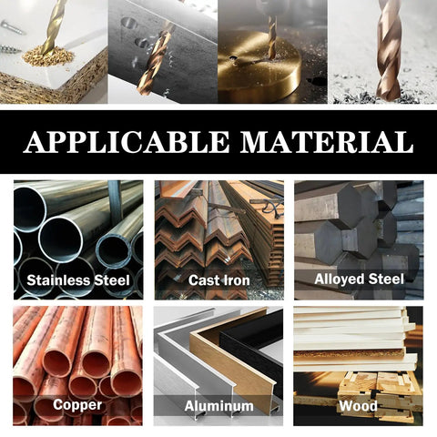 Image showing materials compatible with Heavy Duty Cobalt Drill Bit Set Three Sixteenth Inch Hex Shank, including steel, copper, wood.