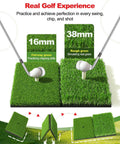 Training mat of 10 By 7 Foot Golf Practice Net With 2 Targets showing 16mm and 38mm grass for chipping and real grass simulation.