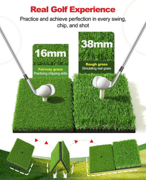 Training mat of 10 By 7 Foot Golf Practice Net With 2 Targets showing 16mm and 38mm grass for chipping and real grass simulation.