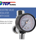 Close-up of Air Adjusting Valve Regulator With Gauge For Spray Guns And Pneumatic Tools One Quarter Inch NPT with dial gauge