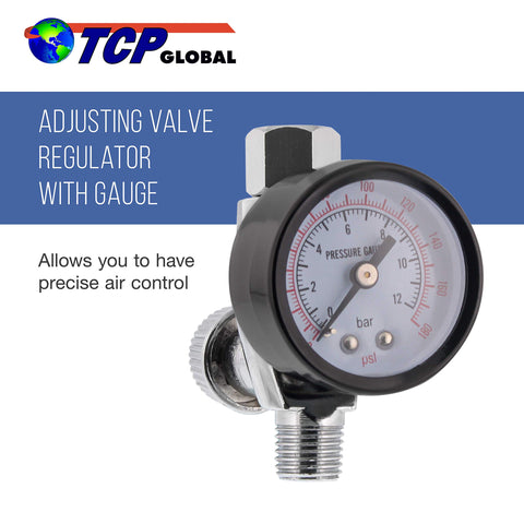 Close-up of Air Adjusting Valve Regulator With Gauge For Spray Guns And Pneumatic Tools One Quarter Inch NPT with dial gauge