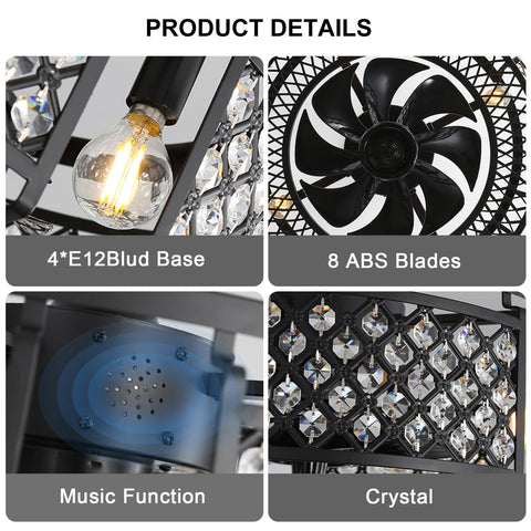 Close-up of Crystal Ceiling Fan With Lights And Bluetooth Speaker Eighteen Point Eight Inches Dope Enclosed Bladeless Fandelier details.