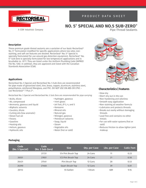 Product data sheet for No. 5 Pipe Thread Sealant with images of different container sizes, highlighting features and usage for plumbing.