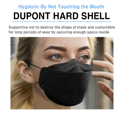 Woman wearing Top Notch KF94 Mask For Adults Black Individually Packaged 30 Masks Made In Korea Premium Micro Dust Protection.