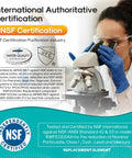 Scientist inspecting under microscope with text highlighting NSF ANSI 401 certified refrigerator water filter replacement.