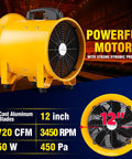 Portable High Velocity Blower And Fume Extractor For Shop And Garage, Heavy Duty 12 Inch Exhaust Vent Fan With Copper Motor, yellow body