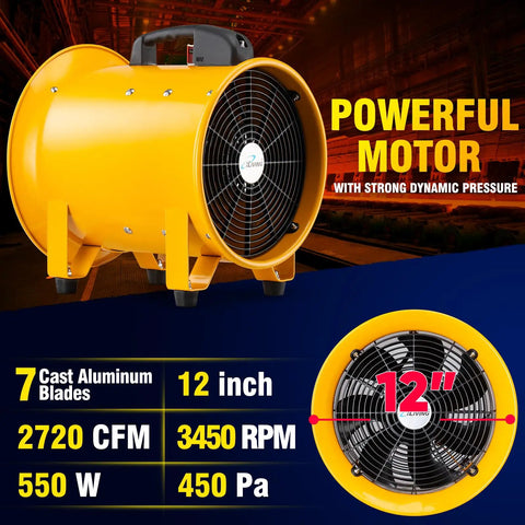 Portable High Velocity Blower And Fume Extractor For Shop And Garage, Heavy Duty 12 Inch Exhaust Vent Fan With Copper Motor, yellow body