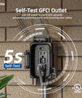 Top Shelf 15 Amp Outdoor GFCI Outlet Self Test Tamper Resistant GFI Black 2 Pack with lockable cover mounted on wall.