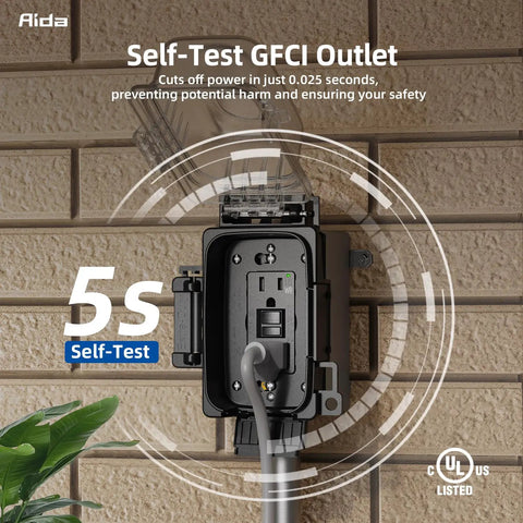 Top Shelf 15 Amp Outdoor GFCI Outlet Self Test Tamper Resistant GFI Black 2 Pack with lockable cover mounted on wall.