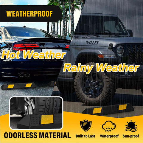 36 Inch Parking Curb 2 Pack Heavy Duty Rubber Garage Parking Stop Blocks with Reflective Stripes in hot and rainy weather
