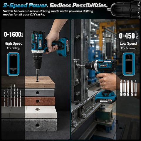 Tough As Nails 21v Cordless Drill Driver Kit With Two Batteries And Five Cleaning Brushes Fifty Nm Torque Garage Ready Heavy Duty Workhorse For Serious Home Repair in use for drilling and screwing.