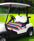 Patriotic USA Flag Golf Cart Seat Covers 51x31 Universal Fit For EZGO Club Car Yamaha 2 Or 4 Seater Microfiber Keeps Seats Cool And Clean All Summer Red White Blue featuring American flag design on a golf cart seat in a grassy field.