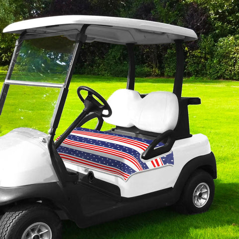 Patriotic USA Flag Golf Cart Seat Covers 51x31 Universal Fit For EZGO Club Car Yamaha 2 Or 4 Seater Microfiber Keeps Seats Cool And Clean All Summer Red White Blue featuring American flag design on a golf cart seat in a grassy field.