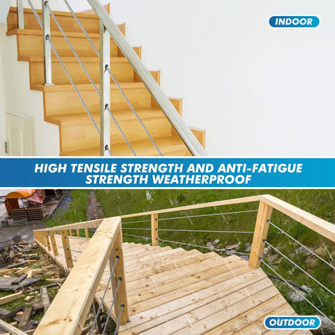 60 Pack Invisible Cable Railing Kit With T316 Stainless One Eighth Inch Receiver And Swage Stud Ends, shown on indoor and outdoor stairs.