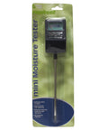 Package of a mini moisture tester for plants; features Soil Moisture Meter For Indoor And Outdoor Plants Easy To Use Round Design.