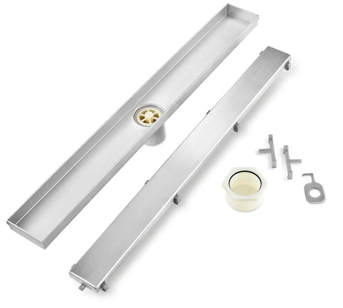 Heavy Duty 36 Inch Linear Shower Drain With Satin Stainless Steel Surface Mount Or Tile In Grate featuring installation parts and drainage components.