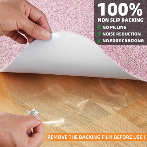 Close-up of Non Slip Office Chair Mat For Hardwood Floors 48 By 36 Inches Large Pink Floor Protector with backing film removal