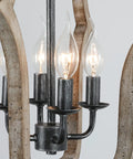 Close-up of Cozy Rustic Farmhouse Wood Chandelier Pendant Light for Dining Room and Kitchen Open Cage Four Light Ceiling Fixture