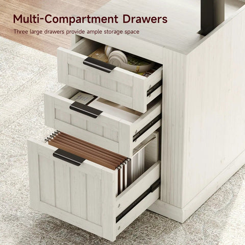Three large multi-compartment drawers of 55 Inch Electric Standing Desk Farmhouse Style Sit Stand Workstation for storage.