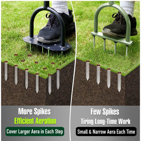Comparison of two lawn aerators with different spike configurations; left shows 36 Inch Spike Lawn Aerator Tool With Longer Spikes for efficient aeration.