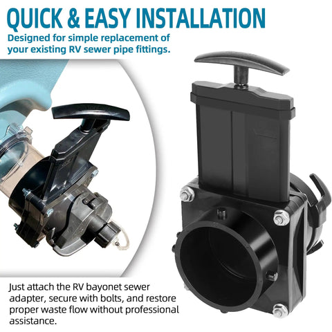 3-Inch RV Waste Valve Body With Handle for Mess-Free Sewer Connection, showing valve installation