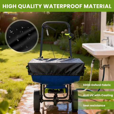 Built Tough Heavy Duty 600D Waterproof Broadcast Spreader Cover For 85-100 Lb Fertilizer Seed Salt Spreaders in garden setting