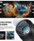 Diagram showing Stepless Zoom 1.25 Inch Telescope Eyepiece 8 to 24mm with multiple lenses and wide field view illustration.