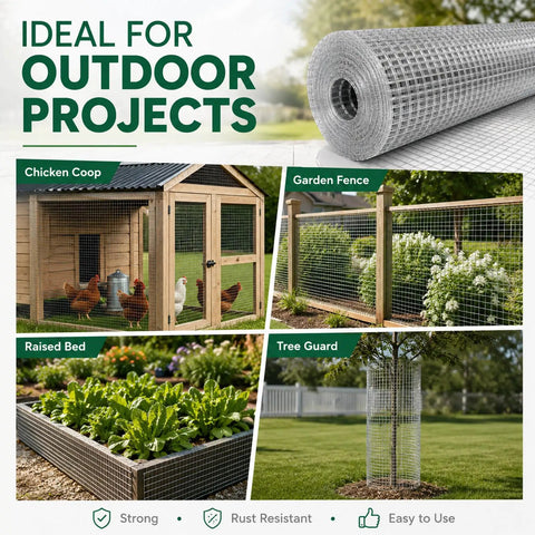 Heavy Duty Galvanized Hardware Cloth Wire Mesh Roll 1/4 Inch By 36 Inches Wide 100 Feet Long 23 Gauge Zinc Coated used for chicken coop and garden fencing.