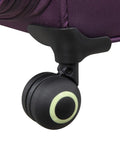 Circulator 22 Inch Softside Carry On With Expandable 8 Wheel Spinner in Italian Plum close-up of the black wheel design.