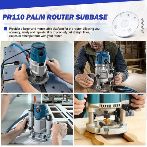 Dead Nuts Accurate Palm Router Subbase With Reinforced Round Base Plate And Upgrade Mounting Screws For Bosch PR10E PR20EVS And GKF125CE Models installed on a router for enhanced stability.