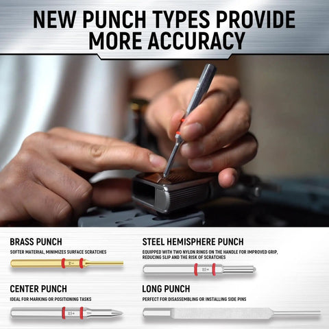 Hands using Pin Punch Set 40 Piece Steel And Brass With Hammer And Bench Block for mechanical repair work on shop bench