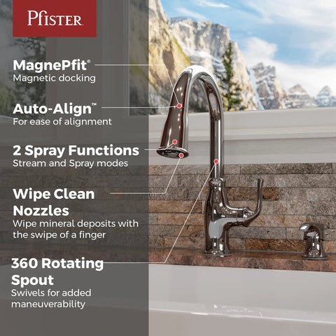 Polished chrome Rosslyn Kitchen Faucet with Pull Down Sprayer and Soap Dispenser, high arc spout, MagnePfit Docking System