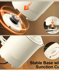 Illustration of the Grab And Go Portable Travel Kettle 600ml with foldable handle showing stable base with suction cup.