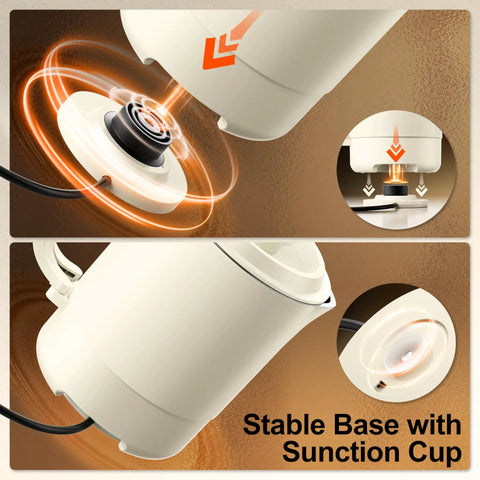 Illustration of the Grab And Go Portable Travel Kettle 600ml with foldable handle showing stable base with suction cup.