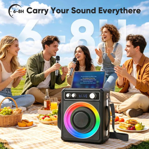Group of friends using All In One Karaoke System With Two Wireless Microphones Portable Bluetooth Speaker at a picnic