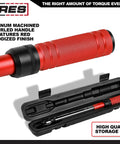 Three Eighths Inch Drive Micrometer Torque Wrench With Dual Torque Scales In Foot Pounds And Newton Meters in red storage case