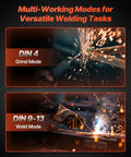 Auto Darkening Welding Helmet With Big 4.25 By 3.23 Inch View, showing grind and weld modes, sparks visible, pro grade eye protection.