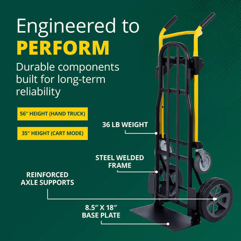 Kwik Shift Five In One Convertible Hand Truck 1000 Pound Capacity Steel Dolly with Reinforced Axle Supports and Base Plate