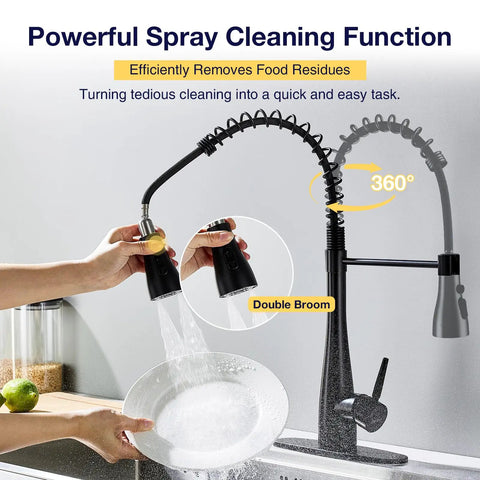 TOYWIA Kitchen Faucets with Pull Down Sprayer, High Arc Single Handle Classic Stainless Steel Sink Faucet 1 or 3 Hole, Suitable for Farmhouse Camper Laundry Rv Bar, Matte Black in action with powerful sprayer.