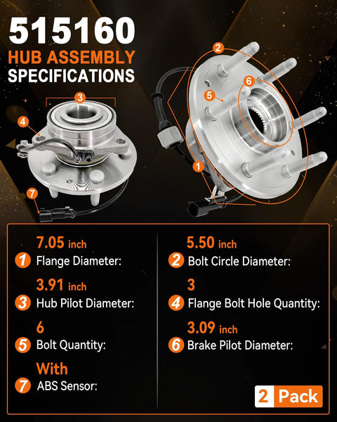 2 Pack Front Wheel Bearing Hub Assembly 515160 Fits Chevy Silverado 1500 Suburban Tahoe GMC Sierra 1500 Yukon Cadillac Escalade XTS ABS 6 Lug 2014 Through 2020 Vehicles