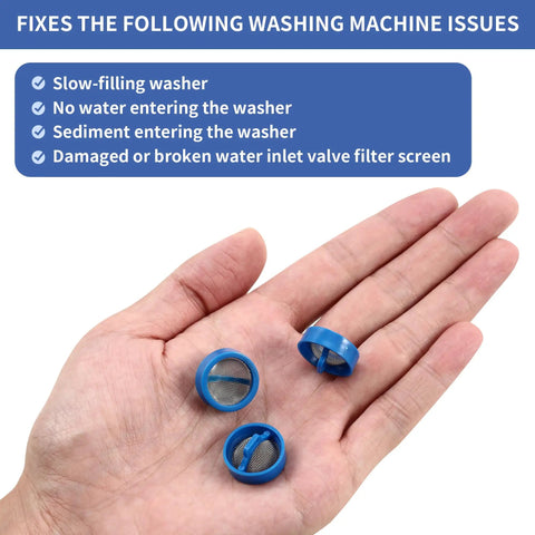 20 Pack Universal Washing Machine Water Inlet Valve Filter Screens held in hand with issue fixes listed above