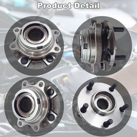 Pair Of Two Front Wheel Hub And Bearing Assemblies For Nissan Murano 09 Through 14 And Quest 11 Through 17 featuring detailed views of hub assemblies, showing bolts and components.